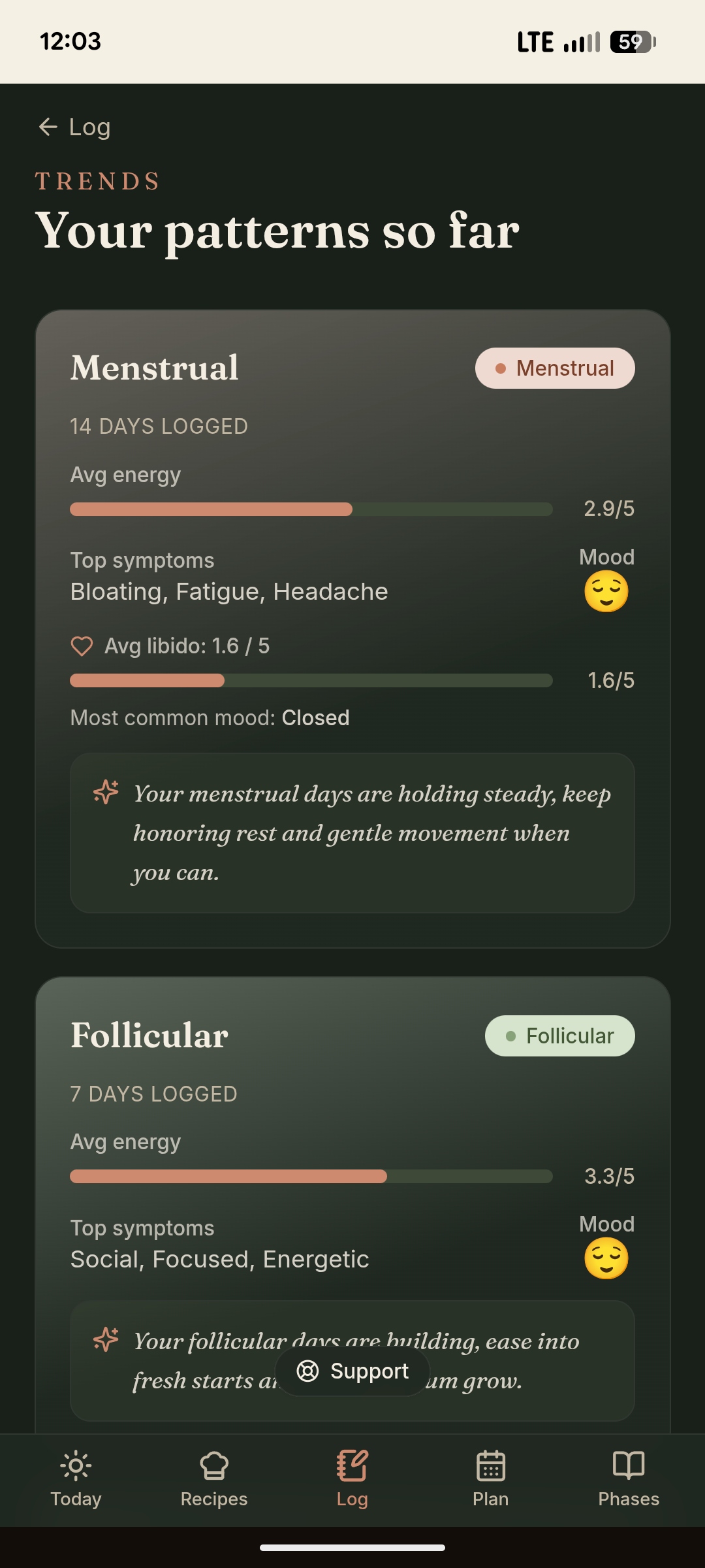 Day 1 Trends screen titled Your patterns so far, showing per-phase energy, top symptoms, mood, and average libido across recent cycles