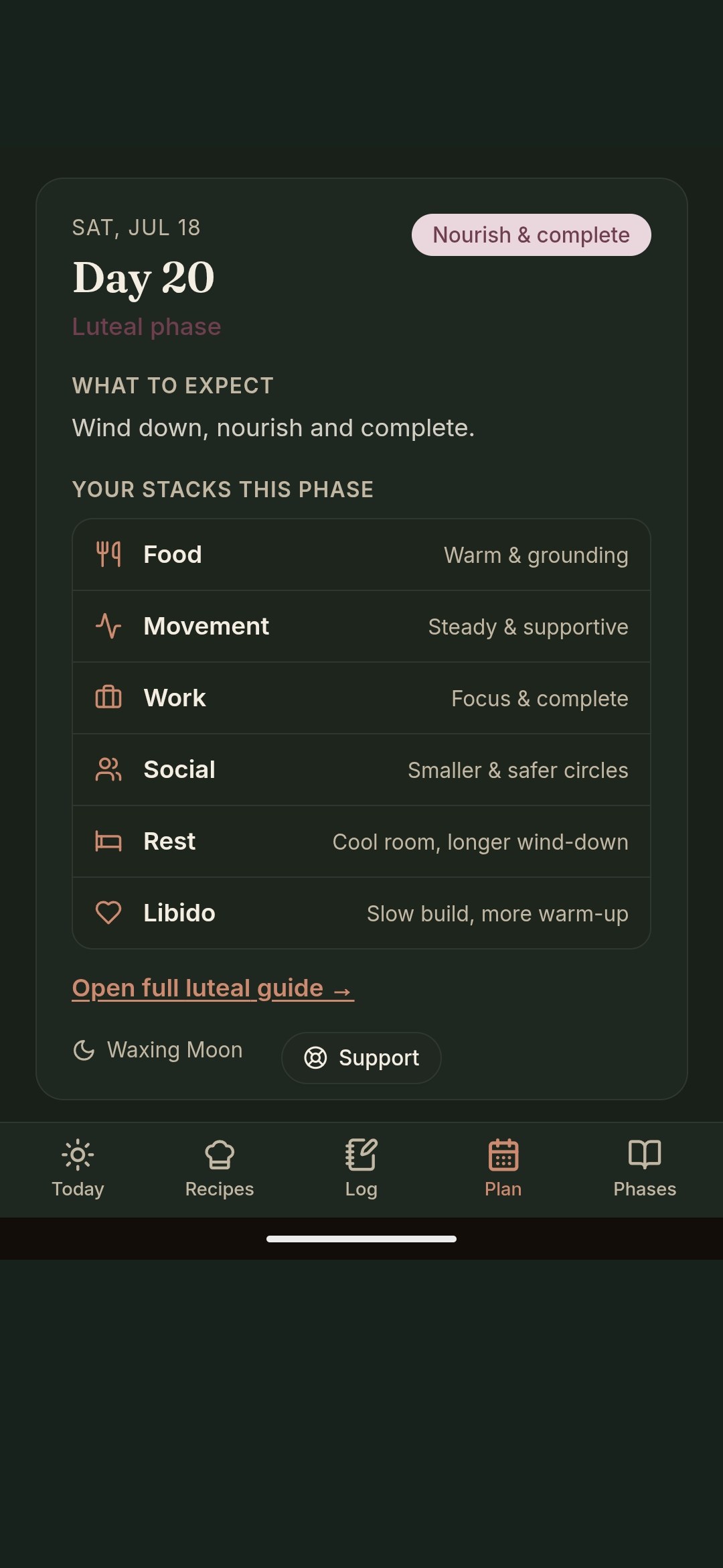 Day 1 Plan detail card for Day 20 in the luteal phase, showing What to expect and Your stacks this phase across food, movement, work, social, rest, and libido