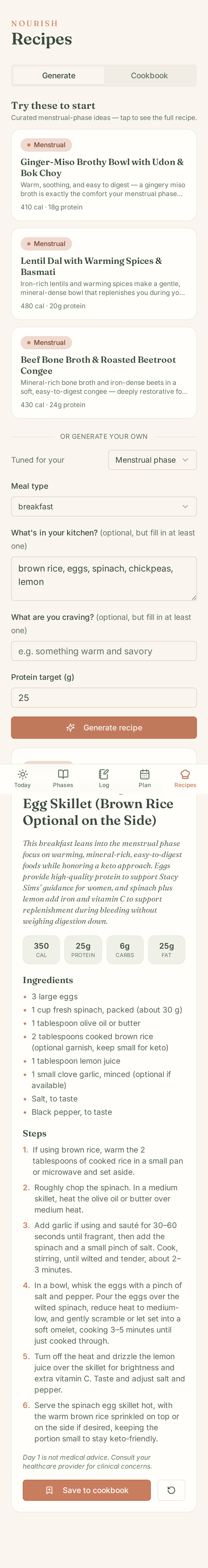 Day 1 Recipes screen showing phase-tagged meals with calories, protein, and short why-this-week notes